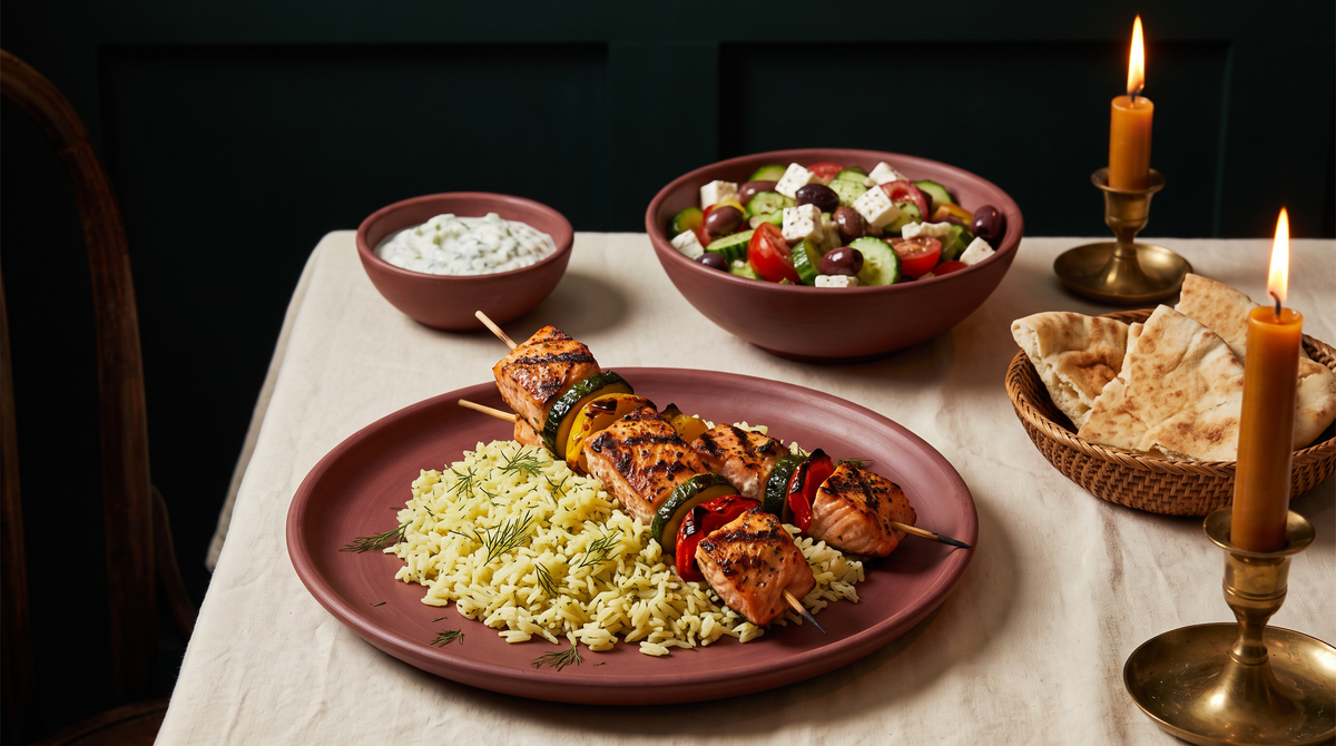 Salmon Skewers with Lemon-Herb Orzo — Little Greek, Legend No. 04