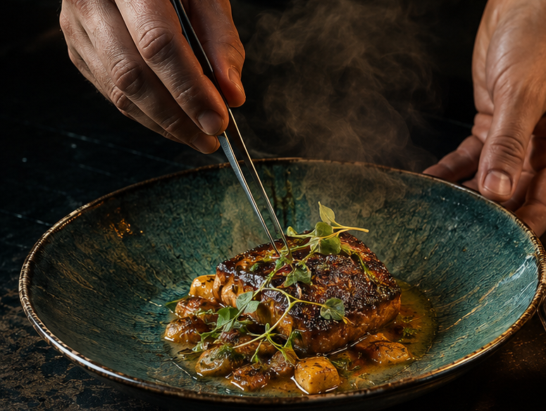 Chef preparing a Restaurant Legends dish in a restaurant kitchen